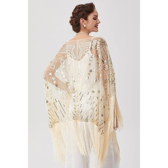 BABEYOND 1920s Sequin Beaded Shawl Wraps Fringed Evening Cape Scarf for Wedding - Picture 4 of 6